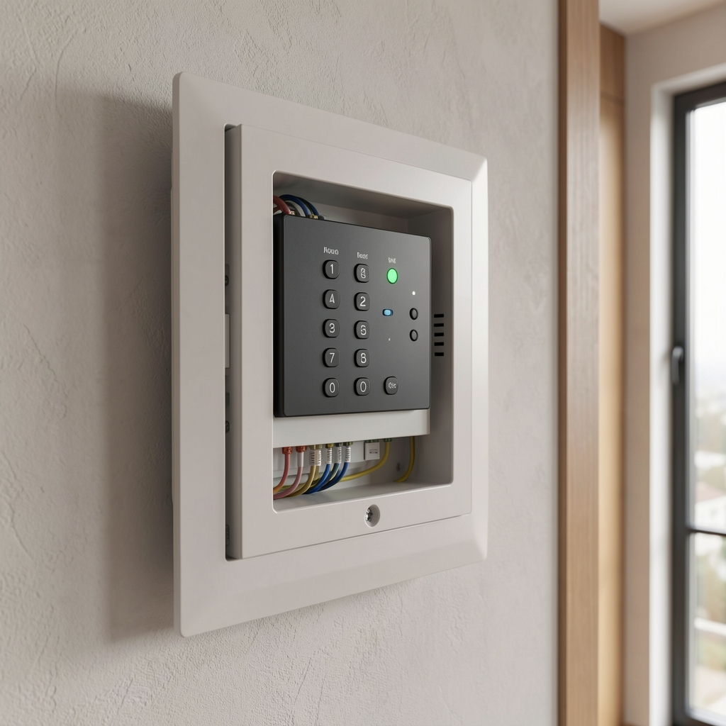 Modern bir evin elektrik panosuna entegre edilmiş akıllı ev otomasyon merkez birimi