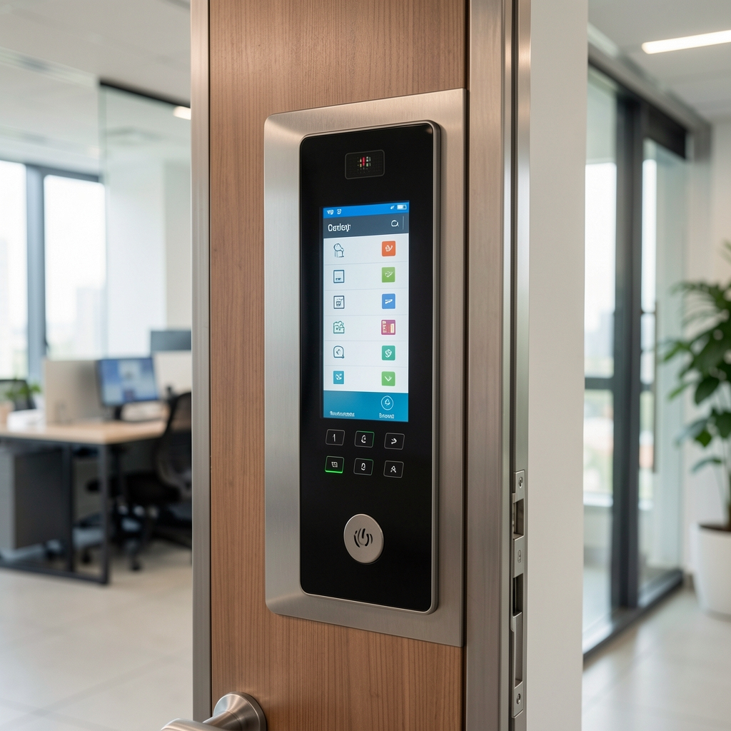 Ofis girişindeki RFID kart okuyuculu elektronik erişim kontrol sistemi