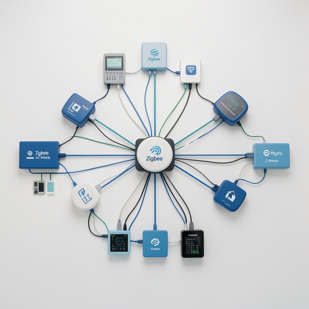 Zigbee ve Z-Wave IoT bağlantı protokolü şeması ve ağ diyagramı