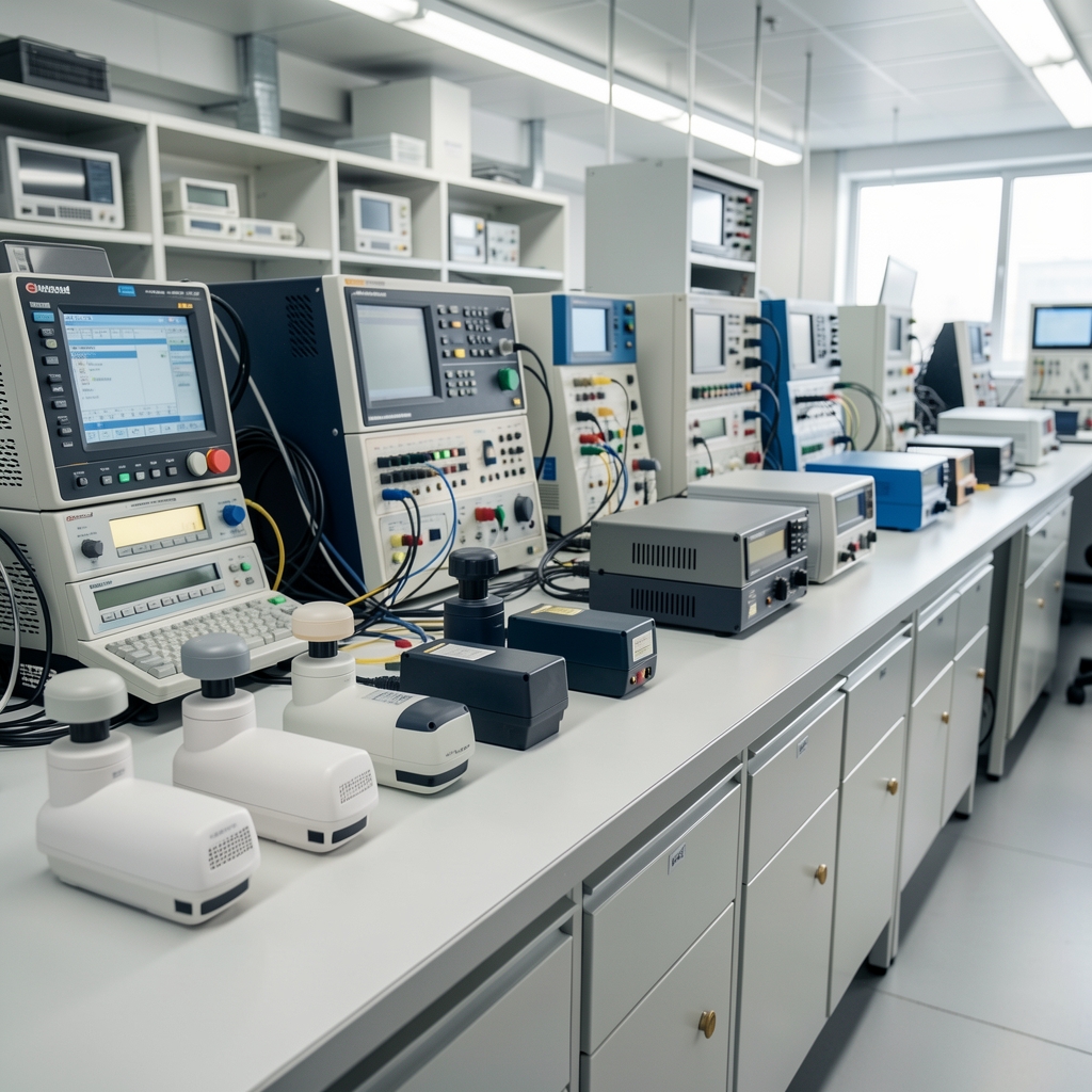 Modern bir test laboratuvarında düzenli şekilde sıralanmış akıllı güvenlik sensörleri ve elektronik test ekipmanları