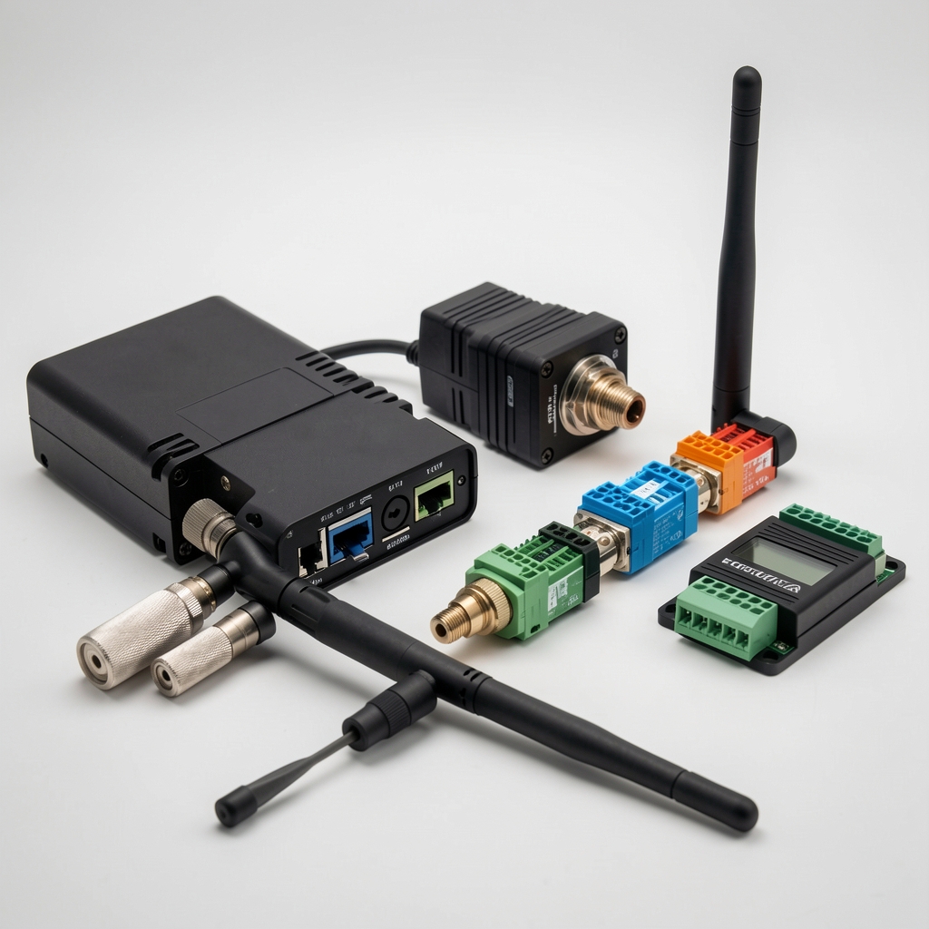 Çeşitli IoT güvenlik cihazlarının bağlantı modülleri ve antenlerinin teknik görünümü