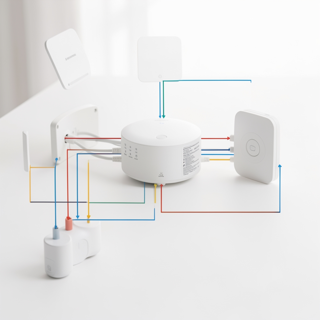 Akıllı ev hub cihazı ve kablosuz sensör bağlantı şeması